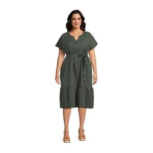 Terra Sky Midi Dress Tiered Boho Hunter Green Dress V-Neck Belted 4X Peasant New